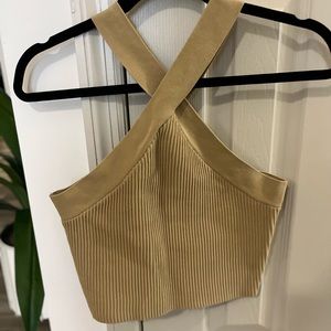 Taupe No Shoulder Criss Cross Ribbed Crop Top. Worn once. No rips or snaps.